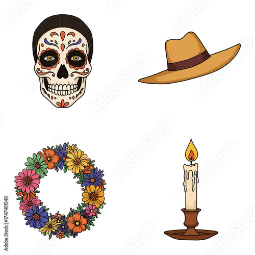 Day of the Dead sugar skull and candle altar in colorful Mexican Dia de los Muertos art