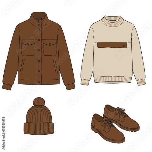 Warm fall fashion set with cozy jackets, boots, and scarves for autumn outfit design