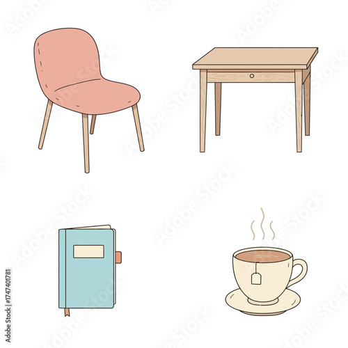 Cozy cafe and home dining scene with table, chair, and teacup in minimalist style
