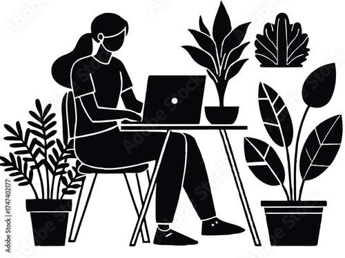 Vector art of woman working on laptop surrounded by plants