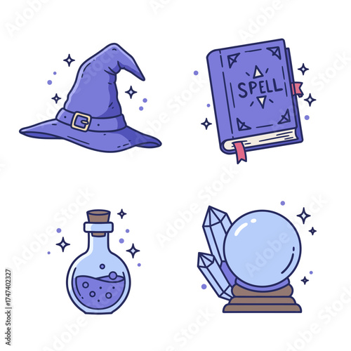Halloween witch hat and spellbook representing spooky costume party and magical October celebration