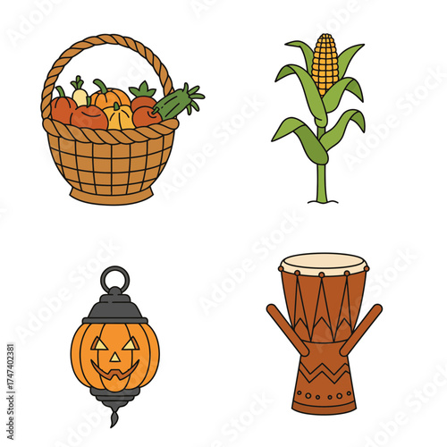 Autumn harvest basket with fruits, corn, and leaves symbolizing fall abundance and thanksgiving season