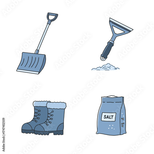 Winter snow shovels and ice tools representing cold weather maintenance and snow clearing essentials