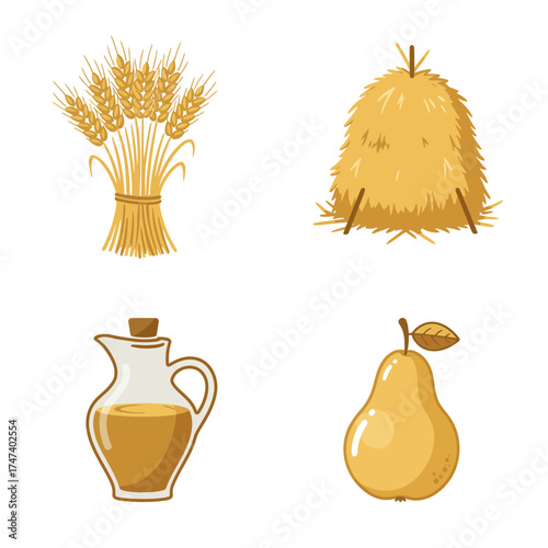 Rural farming harvest tools with haystack, wheat, and basket symbolizing countryside agriculture life