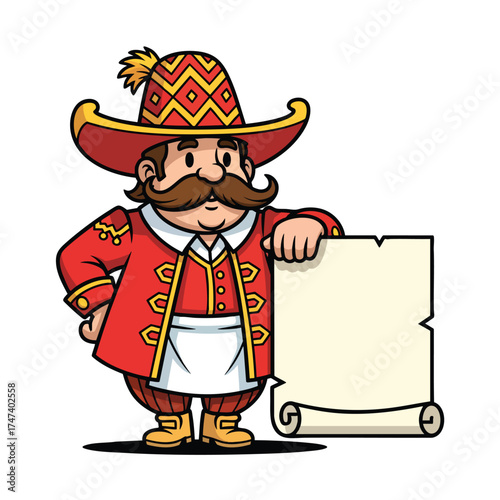 Cartoon mascot of a man in a traditional red coat and hat holding a blank parchment scroll.