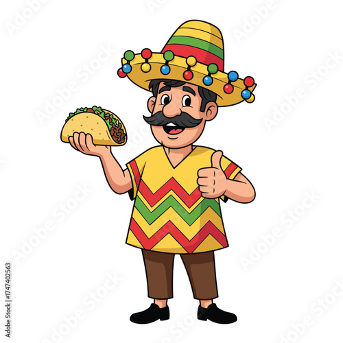 Cartoon Mexican man in a colorful sombrero and poncho holding a taco and giving a thumbsup.