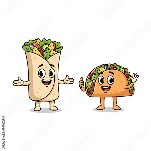 Cute cartoon burrito and taco characters standing together as friendly food mascots.