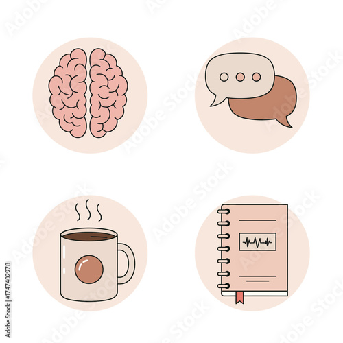 Human brain with chat bubble icons representing mental wellness, mindfulness, and psychological health