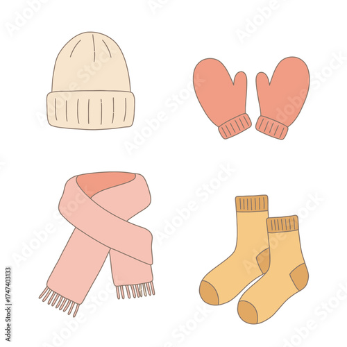 Warm winter wool accessories including knitted hat, gloves, scarf, and socks for cozy seasonal fashion