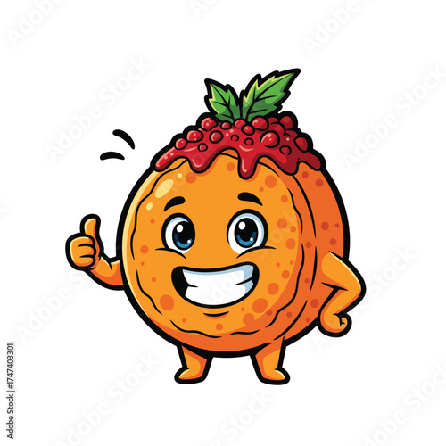 Happy cartoon arancino character with red sauce and basil giving a thumbs up.