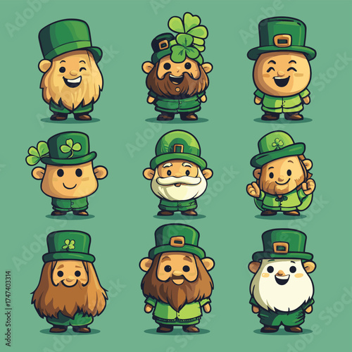 A set of retro cartoon characters designed as St. Patrick's Day mascots , vector style simple color