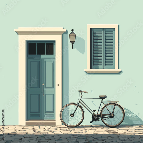 A vintage bicycle is leaning against a wall of a house with a beautiful door giving it an antique architectural feel , vector style simple color