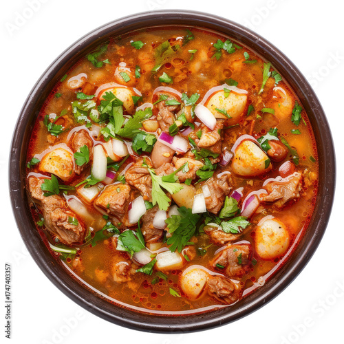 Hearty pozole rojo soup with pork, hominy, and garnishes in dark bowl, isolated on white background
