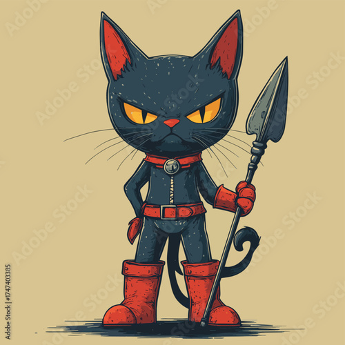 Fantasy Demon Cat in Red Boots Holding Trident , vector style simple color