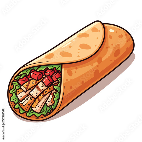 Illustrated burrito wrap filled with grilled chicken fresh lettuce and diced tomatoes.