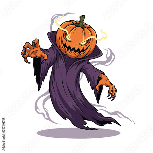 Menacing jackolantern monster with glowing yellow eyes and a tattered purple robe.