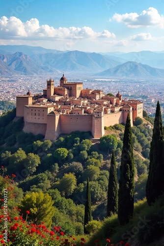 Majestic Panoramic View of Granadas Alhambra Palace A Vibrant Andalusian Landscape