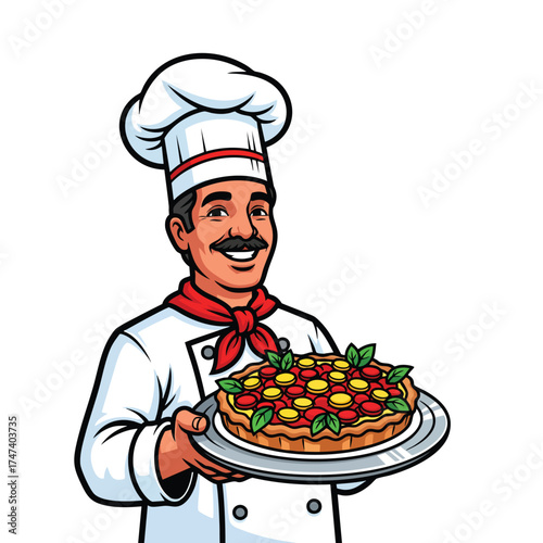 Smiling cartoon chef character in a white uniform holding a freshly baked pizza.