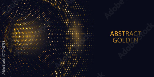 Abstract golden glittering halftone background. Luxurious glowing dots circle. Festive round frame for graphic design. Retro background. Vector illustration.