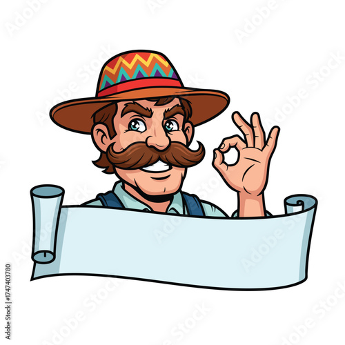 Smiling cartoon farmer with a large mustache and colorful sombrero making an okay hand gesture.