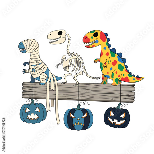 Three cute cartoon dinosaurs in Halloween costumes as a mummy skeleton and a colorful monster with pumpkins.