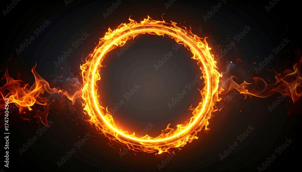 Fototapeta premium A glowing circle of fire surrounded by smoke. The image has a dark background that enhances the bright flames