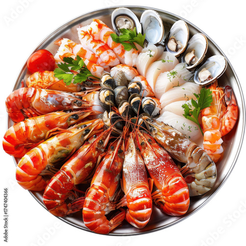 Seafood platter with vivid red prawns, clams, and scallops on silver tray, isolated on white background