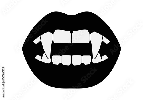 Stylized Black Lips with Sharp Vampire Fangs Illustration, Spooky Halloween Monster Teeth Icon