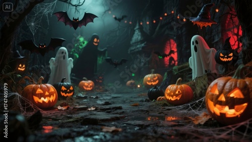 Dark atmospheric Halloween scene featuring glowing jack-o'-lantern pumpkins, spooky ghosts, flying bats, cobwebs, and an eerie forest path illuminated by mysterious green and red lights. 