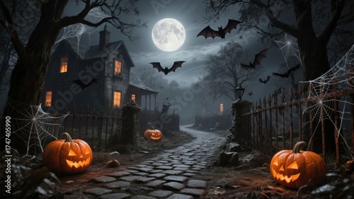 A dark and mysterious Halloween night scene featuring glowing jack-o'-lantern pumpkins, a haunted house under a bright full moon, flying bats, cobwebs, and eerie trees along a cobblestone path. 