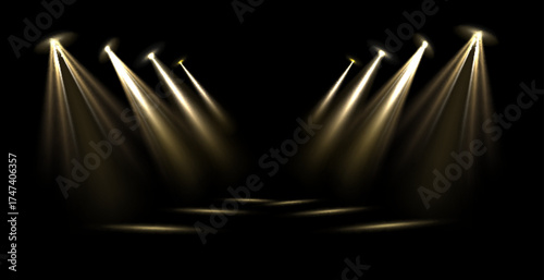 Vector Stage Lighting Effects Set of Concert Spotlights with Glowing Beams, Realistic Light Sources for Event Designs, Party Posters, Web Banners and Transparent Background