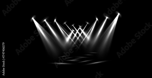Vector Stage Lighting Effects Set of Concert Spotlights with Glowing Beams, Realistic Light Sources for Event Designs, Party Posters, Web Banners and Transparent Background