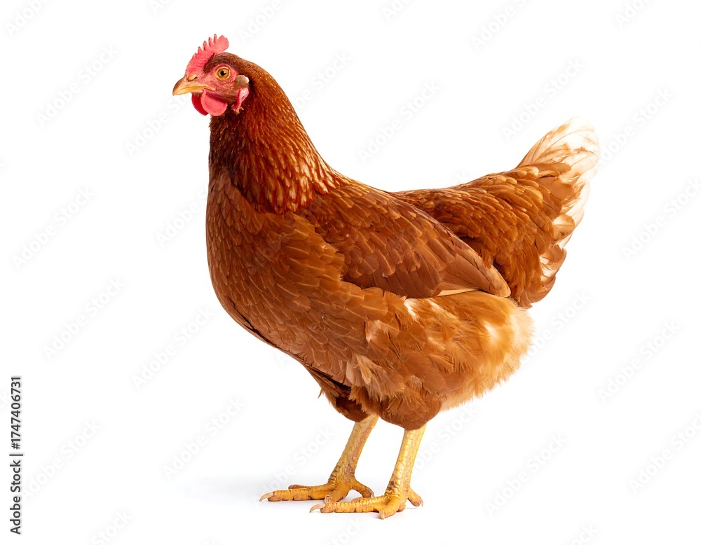 Fototapeta premium A detailed studio shot of a brown hen with vibrant plumage, standing in profile. The bird's comb and wattle are red