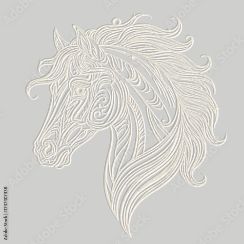 Elegant 3D embossed relief of a horse head with intricate, swirling patterns in the mane and face, set on a light gray background. Monochromatic ornamental animal vector design. Surface emboss texture