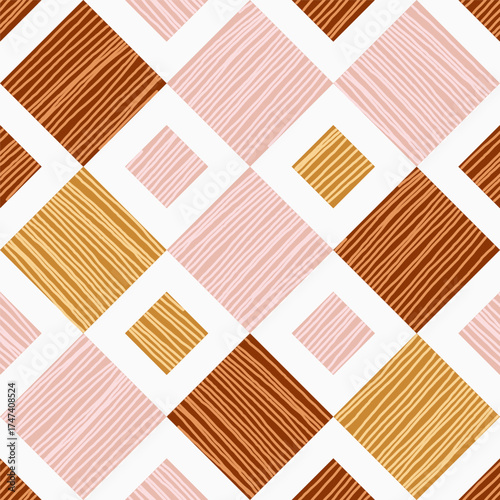 Abstract seamless pattern featuring tessellation of squares and diamonds shapes in a soft, muted, and earthy color palette filled with hand-drawn vertical lines, creating a woven or rustic look