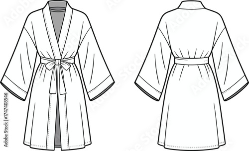 Fashion illustration, bathrobe design, technical drawing, garment sketch, front and back view, shawl collar, wide sleeves, waist belt, sewing pattern, apparel template