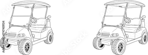 Golf cart illustration, vector drawing, front view, rugged tire design, transportation vehicle, eco friendly mobility, recreational cart, detailed outline art