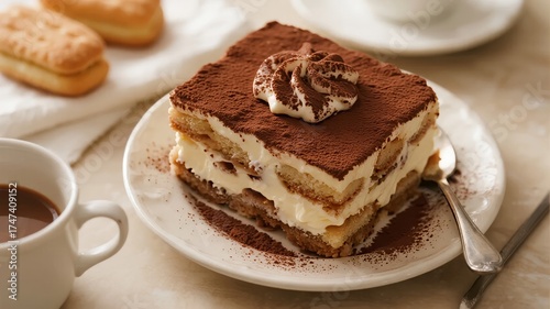 A slice of tiramisu dessert topped with cocoa powder and whipped cream, served on a white plate with a cup of coffee nearby.