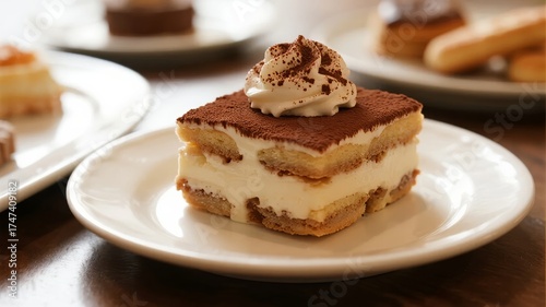 Wallpaper Mural A slice of tiramisu dessert topped with whipped cream and cocoa powder, served on a white plate. Torontodigital.ca