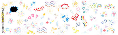 Line icon cute element set. Doodle line color icon decorative arrow, cloud, crown, sparkle and flower. Hand drawn heart. vector icon set