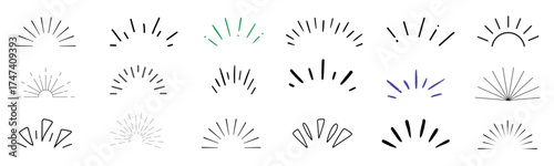 Line icon ray, confetti element set. Starburst line art with hand drawn glitter spark, pop icon shapes and surprise emphasis elements. vector set