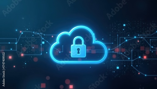 Glowing digital representation depicts data security and protection within a secure cloud environment, showcasing a glowing cloud icon with a padlock symbol, and illuminated network connections...
