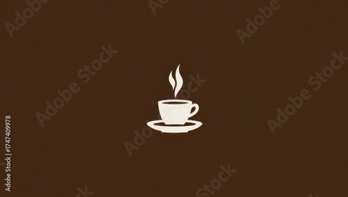 Steaming white coffee cup and saucer, depicted with minimalist design, sits in the center of a dark brown background, creating a sense of calm and warmth, a simple illustration for a modern...