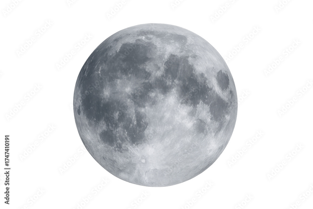 Fototapeta premium Full moon showing surface craters on transparent background
