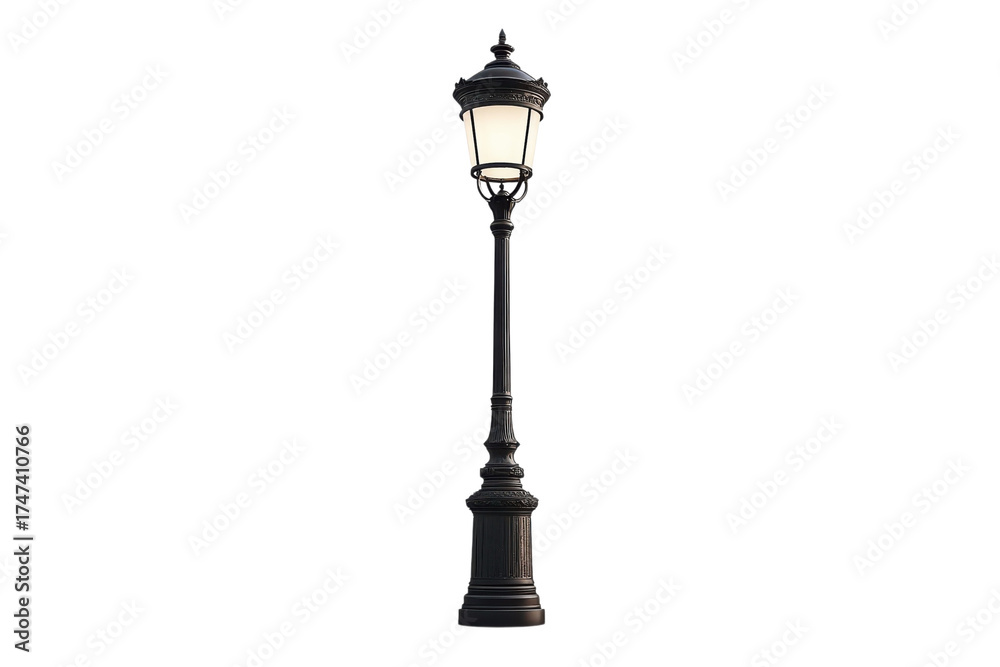 Fototapeta premium Classic black street lamp post with lantern style light isolated on Transparent Background