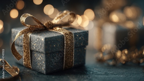 Sparkling Teal Gift Box with Golden Ribbon and Bokeh Lights, Festive Holiday Season.