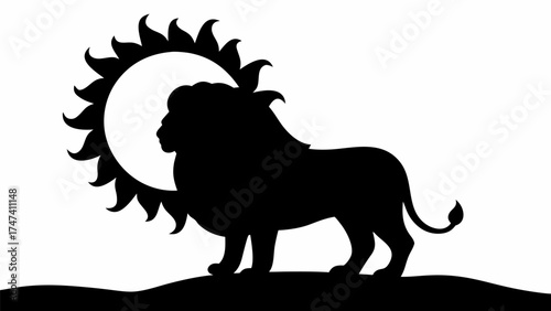 Majestic lion silhouette with sun behind, powerful and regal animal, vector design element for logos and branding