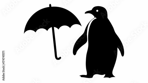 Stylish penguin silhouette holding an umbrella showing protection and whimsy vector graphic