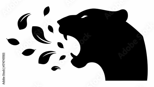 Roaring jaguar silhouette with leaves, conveys power and nature, a bold emblem for strength and vitality