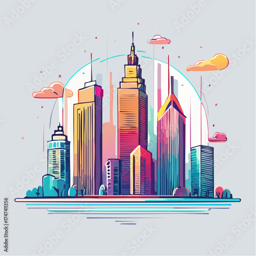 Modern city skyline with clouds and water reflection